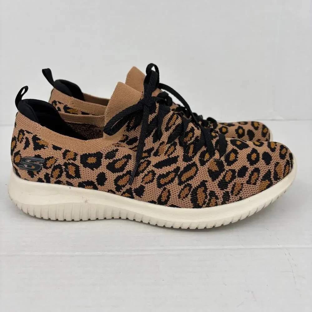 Skechers‎ Ultra Flex Safari Sneakers Size 10 Brown Black Leopard Knit Slip On